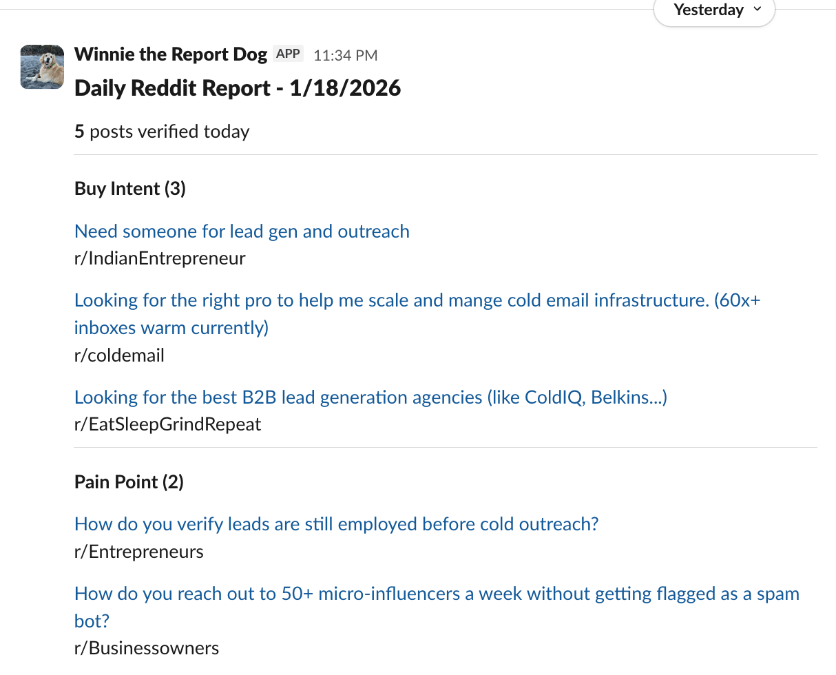 Slack daily report showing verified Reddit posts